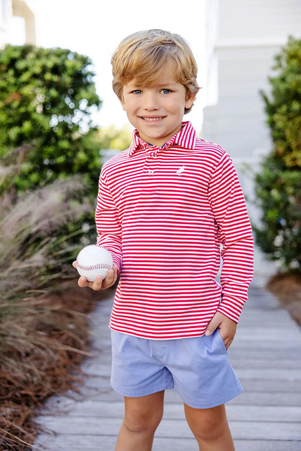 Long Sleeve Prim & Proper Polo, Richmond Red Stripe with Multicolor Stork