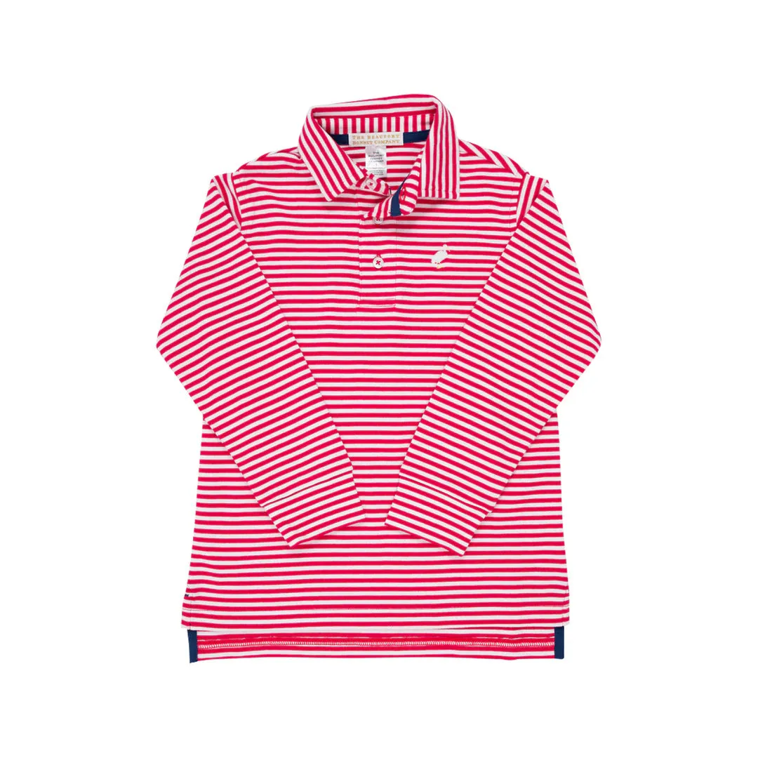Long Sleeve Prim & Proper Polo, Richmond Red Stripe with Multicolor Stork