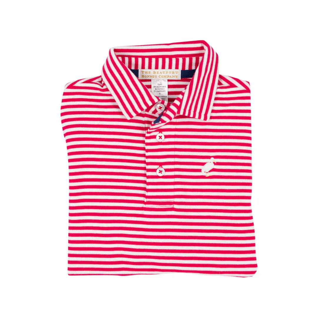 Long Sleeve Prim & Proper Polo, Richmond Red Stripe with Multicolor Stork