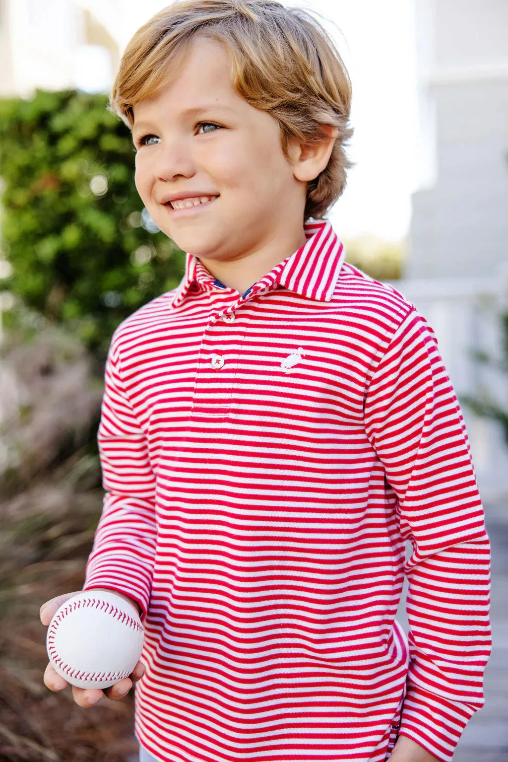Long Sleeve Prim & Proper Polo, Richmond Red Stripe with Multicolor Stork