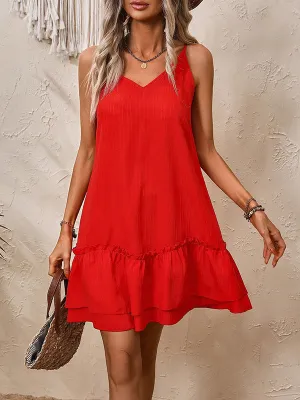 Loose Sleeveless Double Layered Elasticity Pleated Solid Color V-Neck Mini Dresses