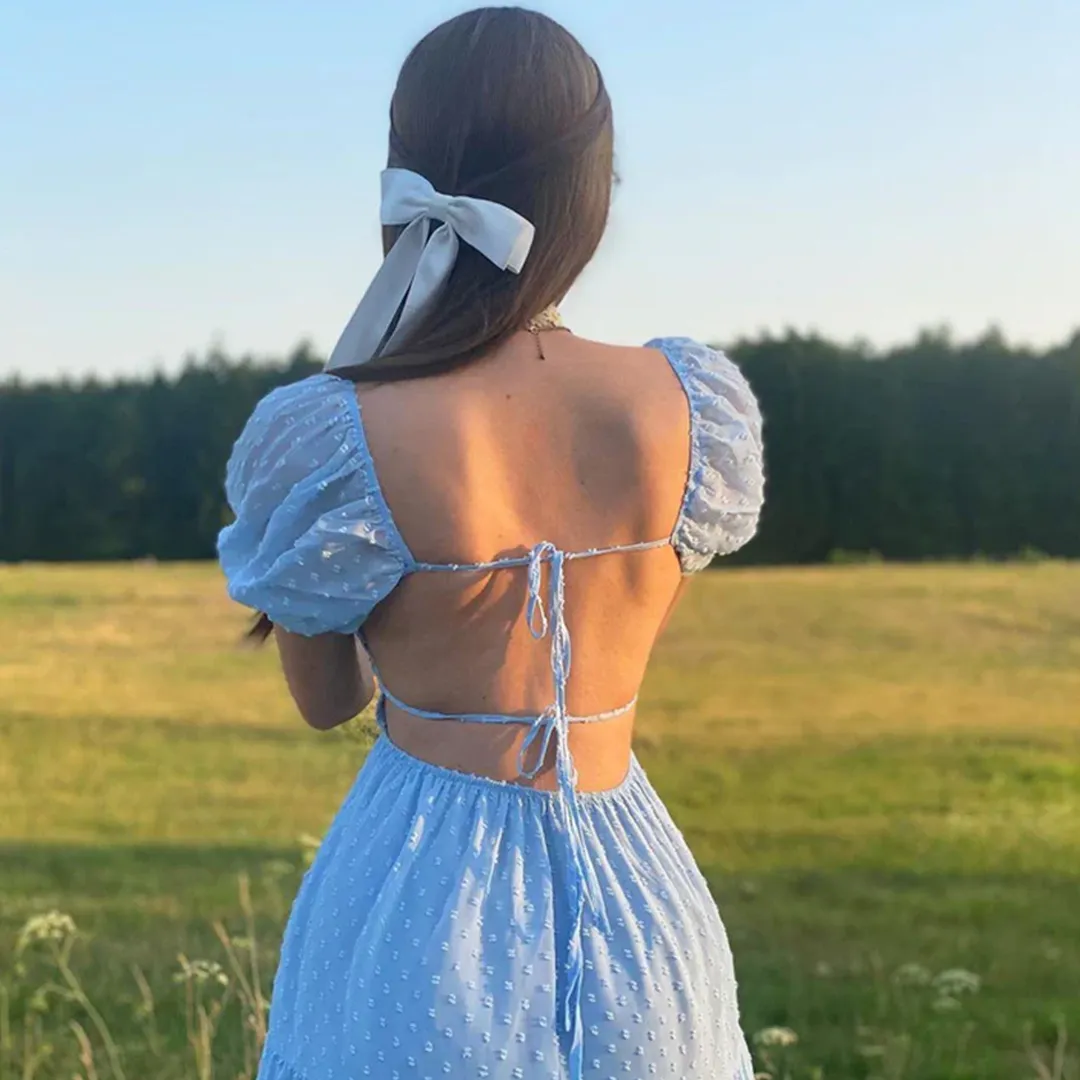 Love Yourself Long Swiss Dot Layered Dress Sea Blue