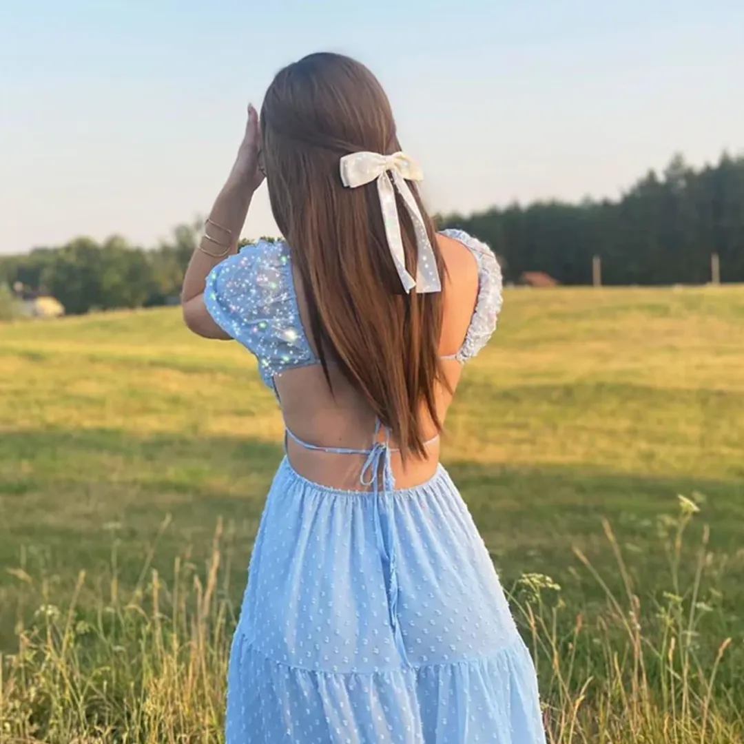 Love Yourself Long Swiss Dot Layered Dress Sea Blue