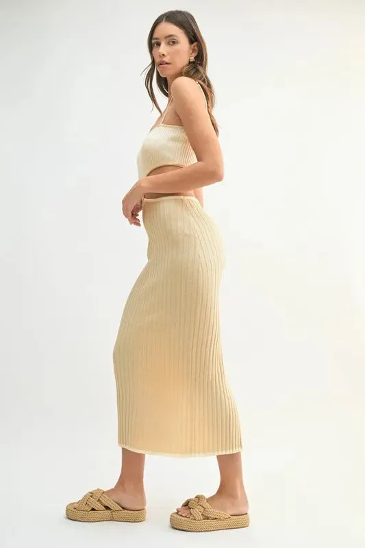 MABLE Ribbed Knit Color Block Cutout Midi Dress