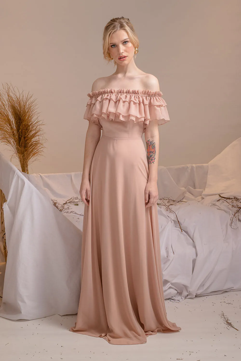 MAGDALENA Two Way Off Shoulder Chiffon Maxi Dress with Layered Ruffle Detail (Tan Chiffon)