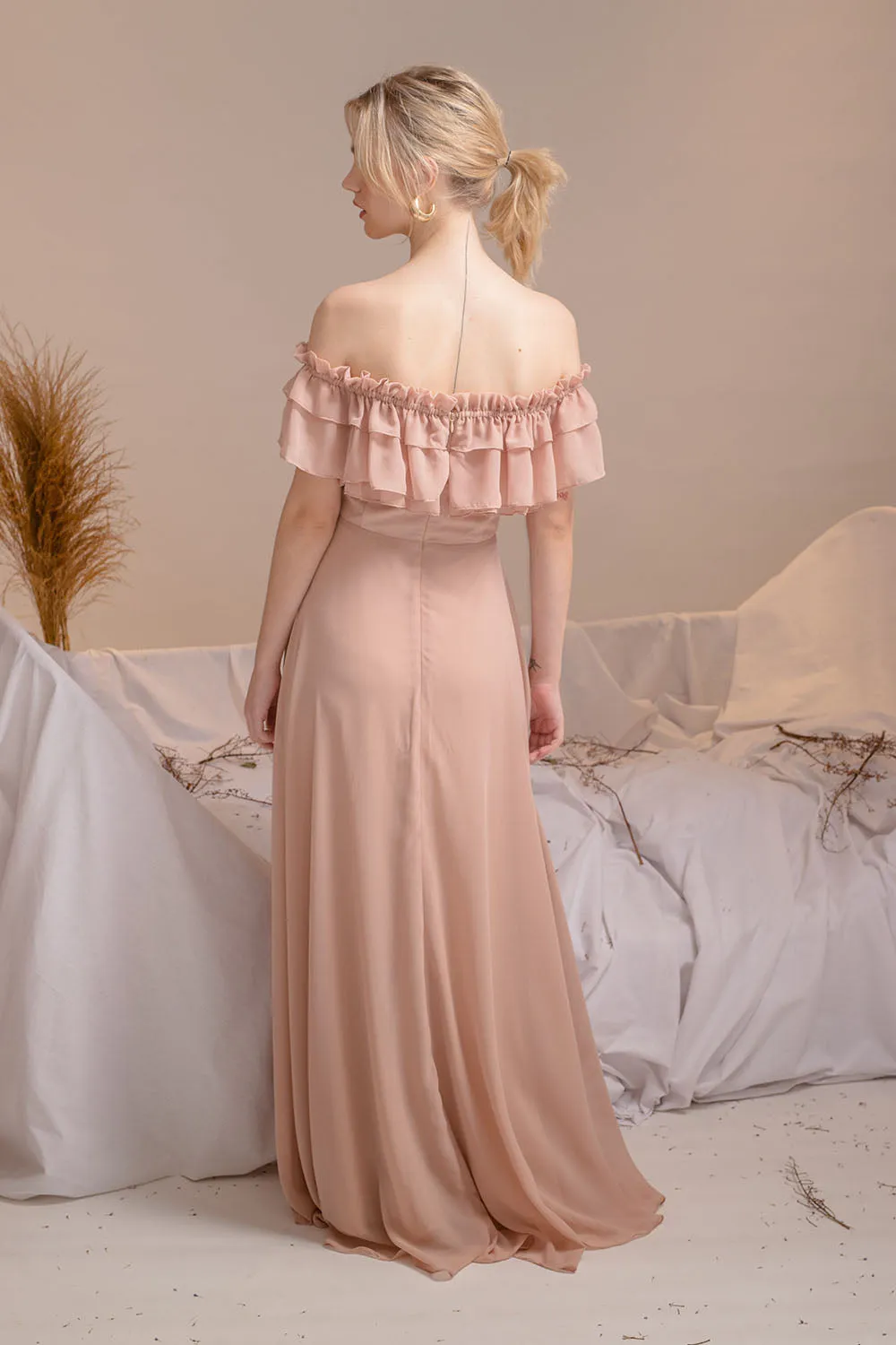 MAGDALENA Two Way Off Shoulder Chiffon Maxi Dress with Layered Ruffle Detail (Tan Chiffon)