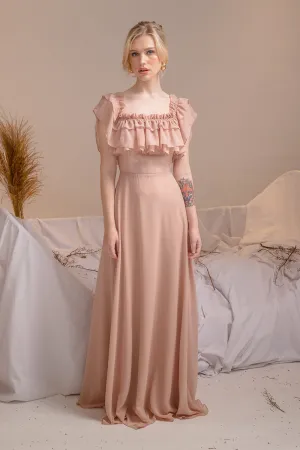 MAGDALENA Two Way Off Shoulder Chiffon Maxi Dress with Layered Ruffle Detail (Tan Chiffon)