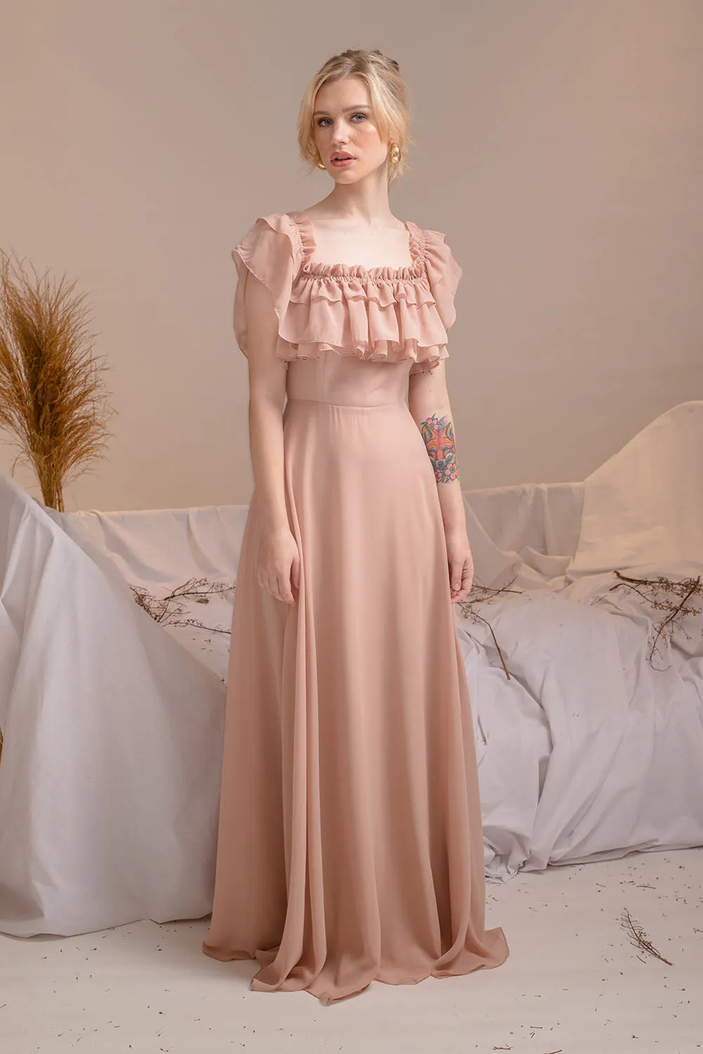 MAGDALENA Two Way Off Shoulder Chiffon Maxi Dress with Layered Ruffle Detail (Tan Chiffon)
