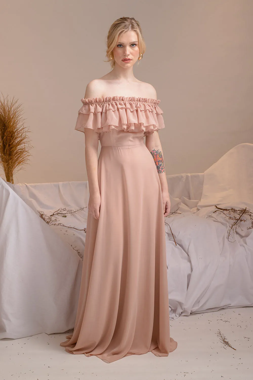 MAGDALENA Two Way Off Shoulder Chiffon Maxi Dress with Layered Ruffle Detail (Tan Chiffon)
