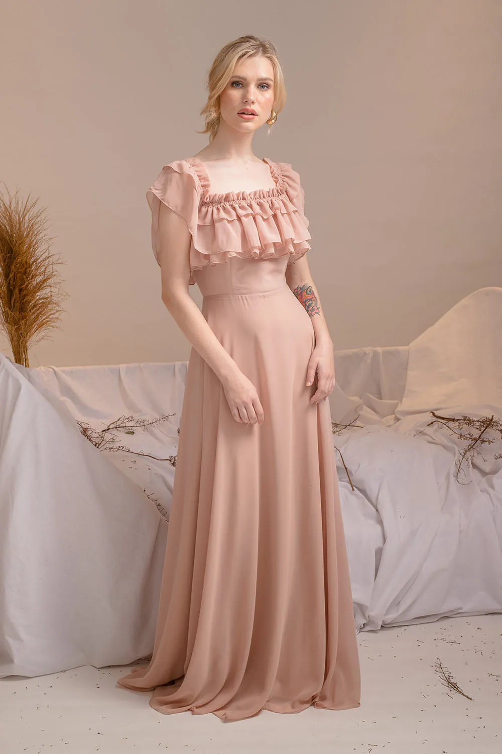 MAGDALENA Two Way Off Shoulder Chiffon Maxi Dress with Layered Ruffle Detail (Tan Chiffon)