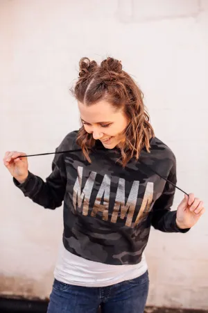 MAMA Bold © Ladies Cropped Hooded Sweatshirt (Black Camo   Black Glitter)