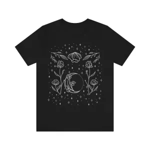 Moon Floral Black Tee, Witch Shirt, Unisex Jersey Short Sleeve Tee, Womens Bella Canvas T-Shirt, Flowers Wicca Clothing Clothes