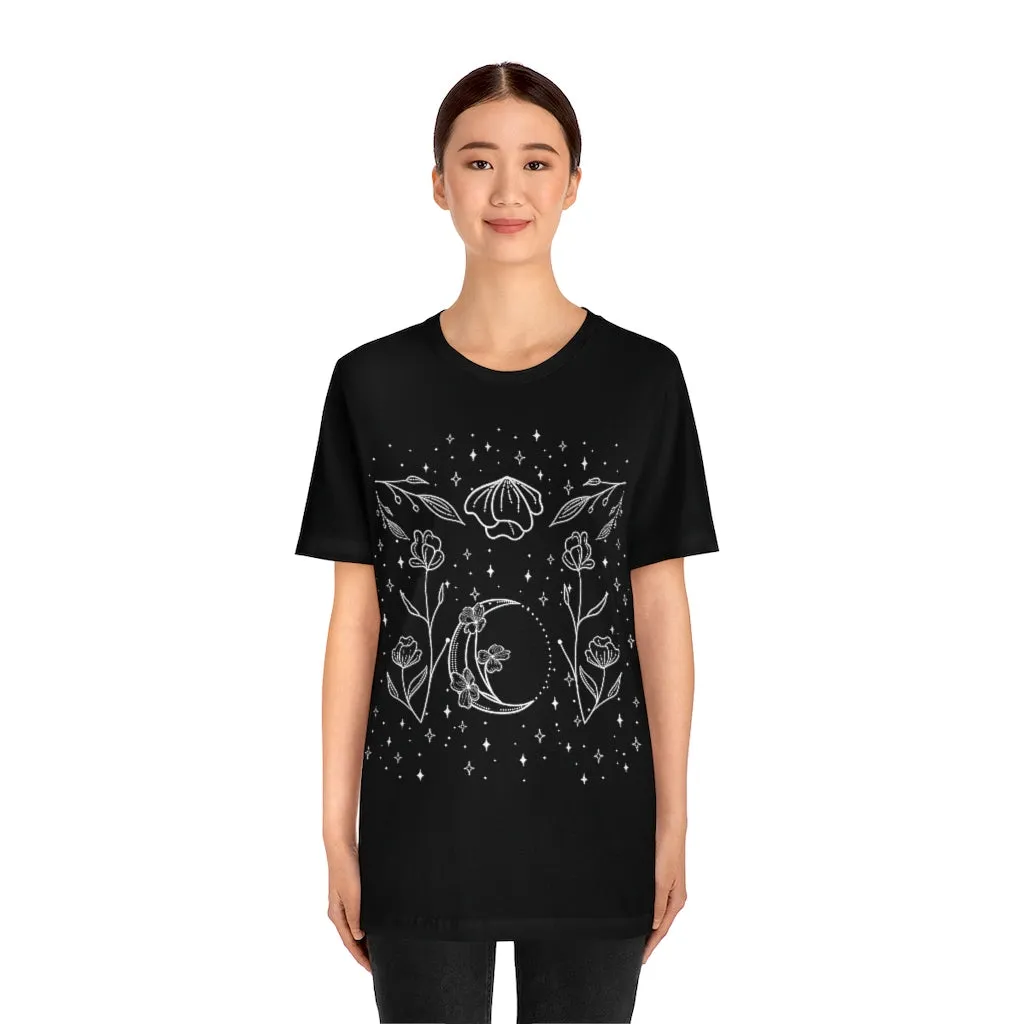 Moon Floral Black Tee, Witch Shirt, Unisex Jersey Short Sleeve Tee, Womens Bella Canvas T-Shirt, Flowers Wicca Clothing Clothes