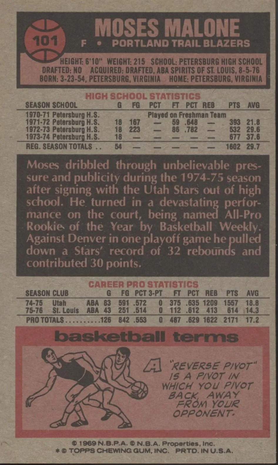 Moses Malone 1976-77 Topps Oversized #101 Portland Trail Blazers EX