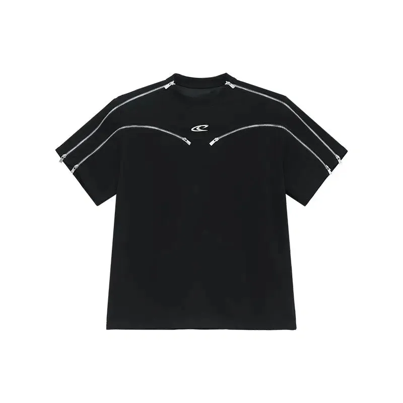 Multi-zipper Short Sleeve T-shirt with Shoulder Pad