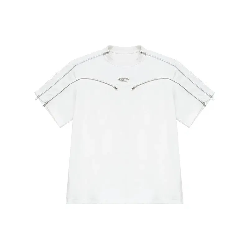 Multi-zipper Short Sleeve T-shirt with Shoulder Pad