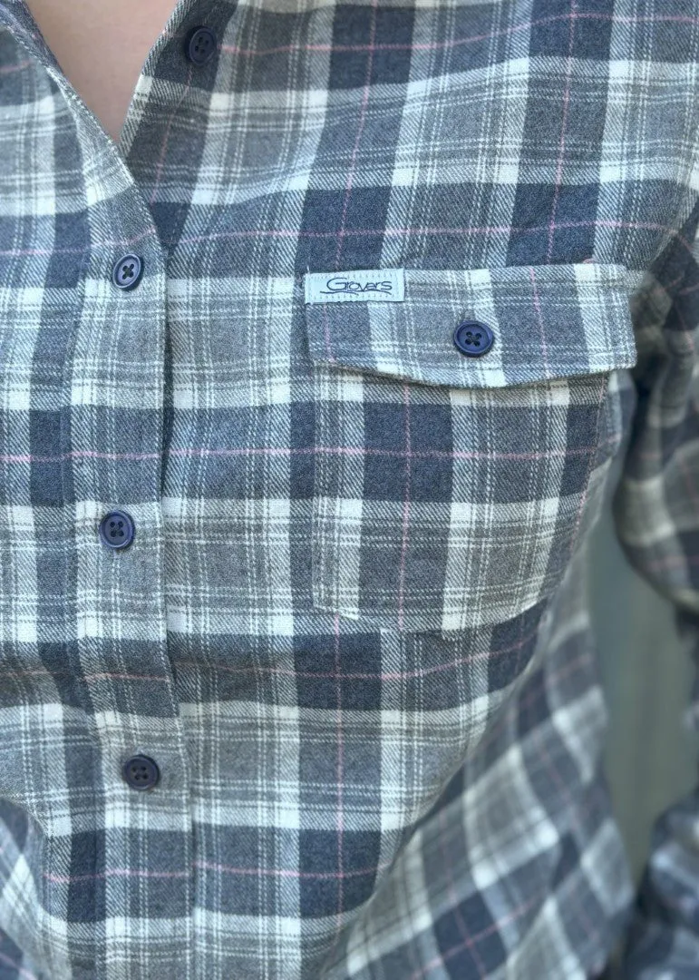Navy Check Flannelette - Full Button Ladies Long Sleeve Shirt