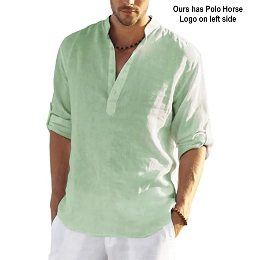NEW Mens Casual Cotton Linen Shirt Long Sleeve in light green, ours has polo horse logo heatset on front left side, Sz XL