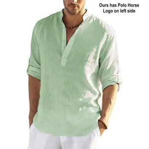 NEW Mens Casual Cotton Linen Shirt Long Sleeve in light green, ours has polo horse logo heatset on front left side, Sz XL