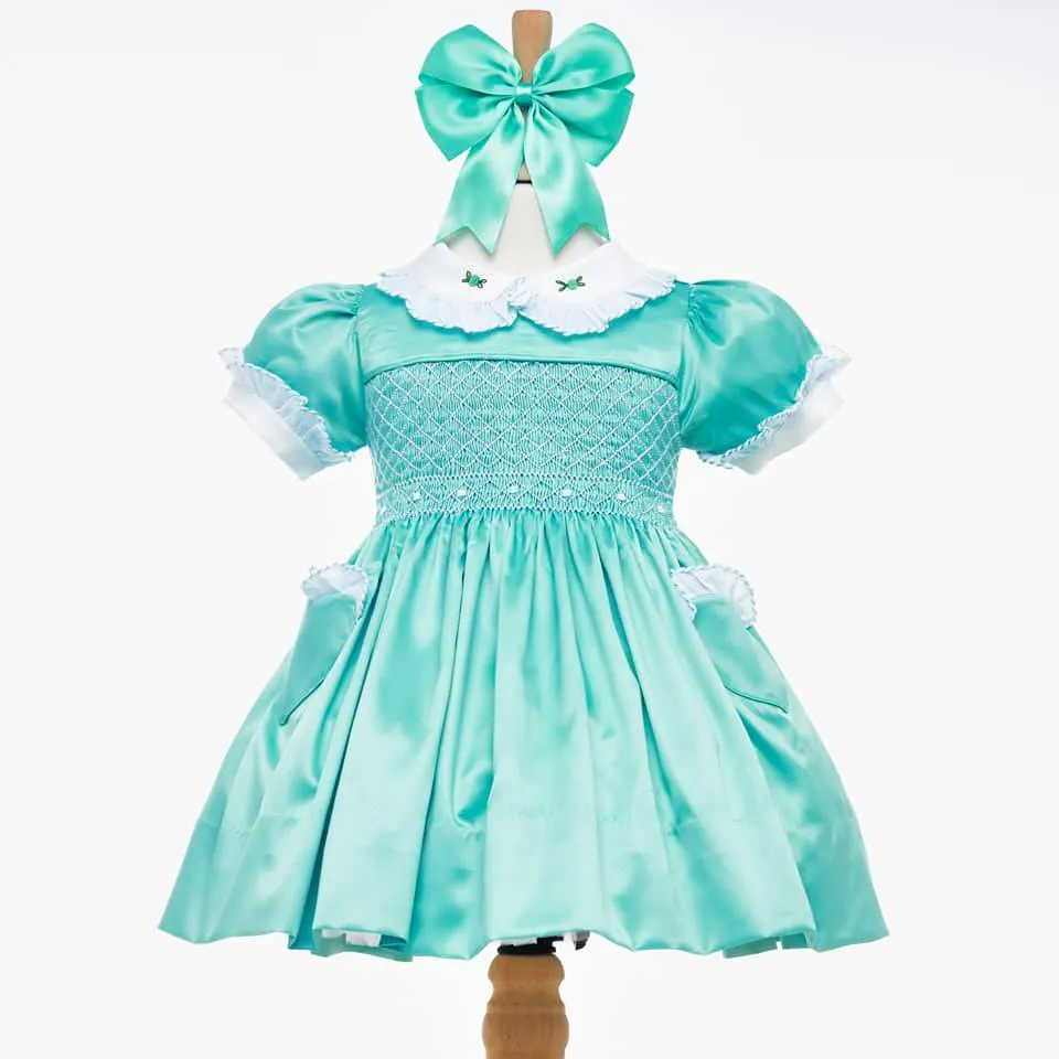 Ocean Baby Girls Exclusive Marine Lux Collection Satin Smocked Petticoat Layered Dress (3M-8Yrs)