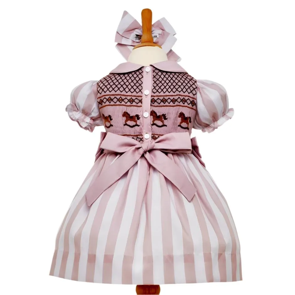 Ocean Baby Girls Smocked Coffee & Cream Rocking Horse Petticoat Layered Dress (NB-6Yrs)