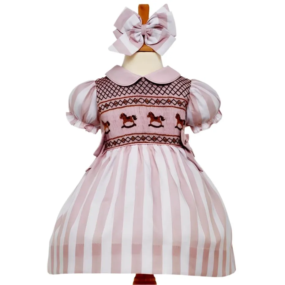 Ocean Baby Girls Smocked Coffee & Cream Rocking Horse Petticoat Layered Dress (NB-6Yrs)