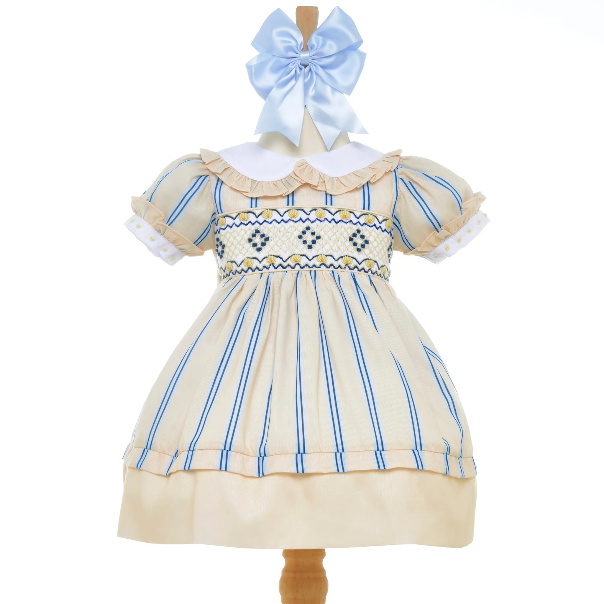 Ocean Baby Girls Smocked Lemon & Blue Stripe Cotton Petticoat Layered Dress (NB-8YR)
