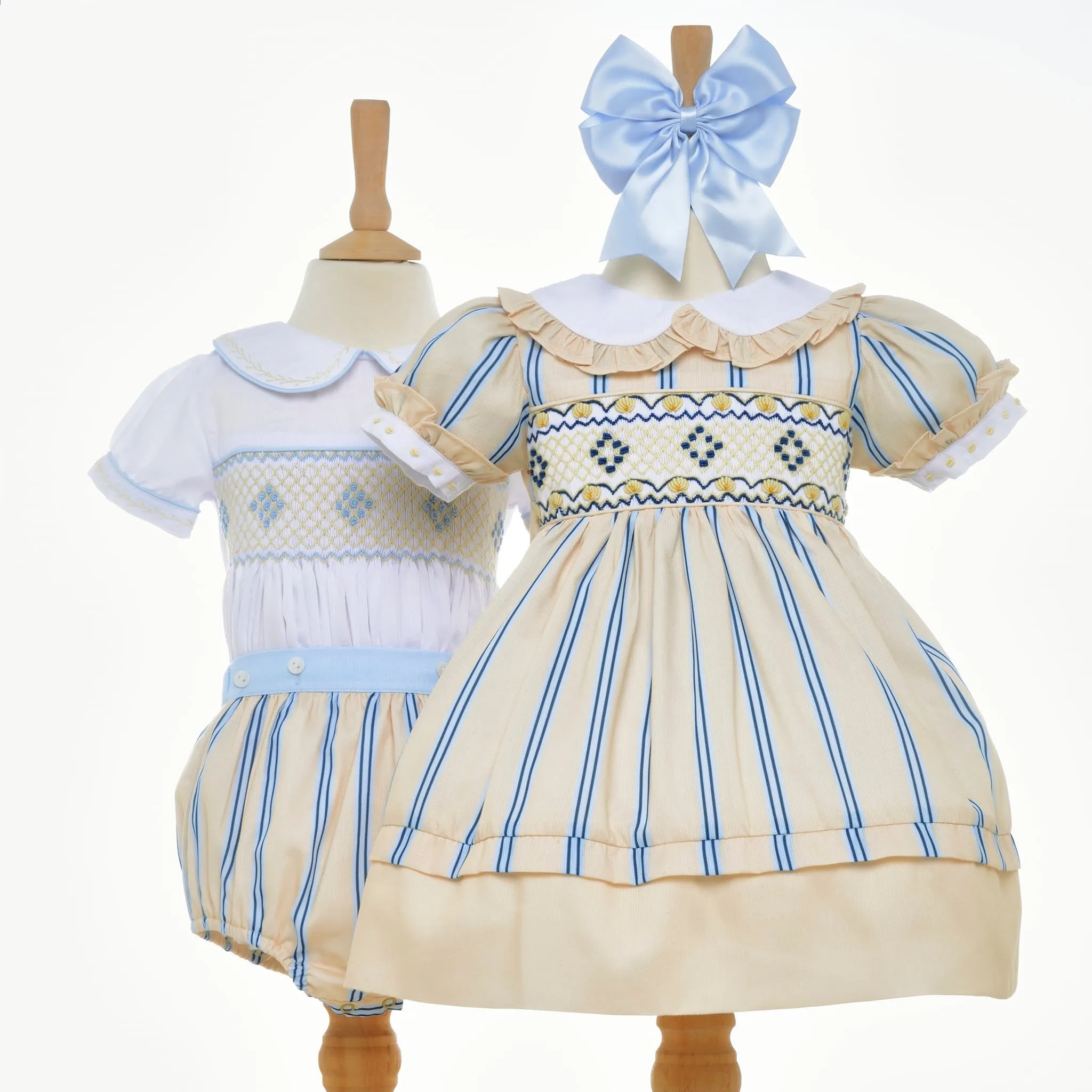 Ocean Baby Girls Smocked Lemon & Blue Stripe Cotton Petticoat Layered Dress (NB-8YR)