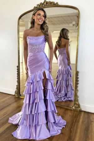 Purple Satin Beaded Mermaid Lace Appliques Long Prom Dresses, MP1015