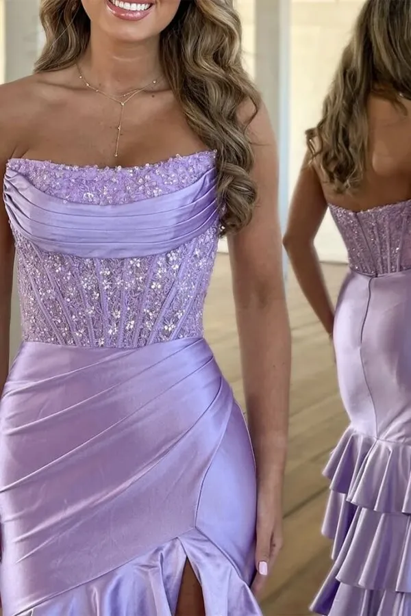 Purple Satin Beaded Mermaid Lace Appliques Long Prom Dresses, MP1015
