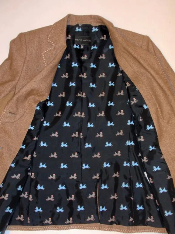 RENA LANGE 1990s 2 pc Tan Skirt Suit with Poodle Print Lining