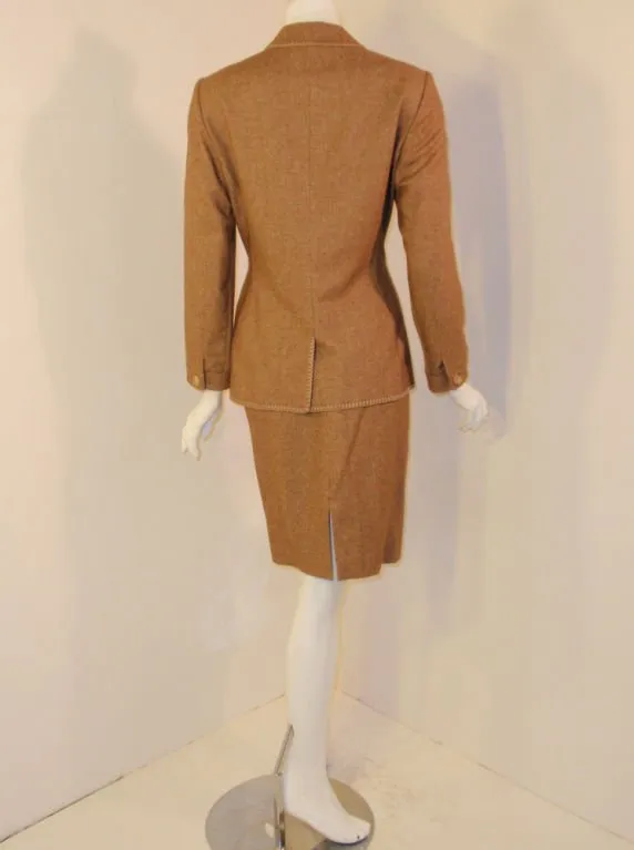 RENA LANGE 1990s 2 pc Tan Skirt Suit with Poodle Print Lining