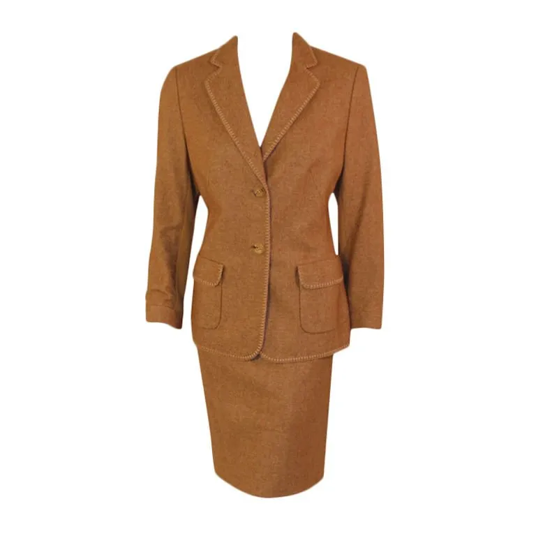 RENA LANGE 1990s 2 pc Tan Skirt Suit with Poodle Print Lining