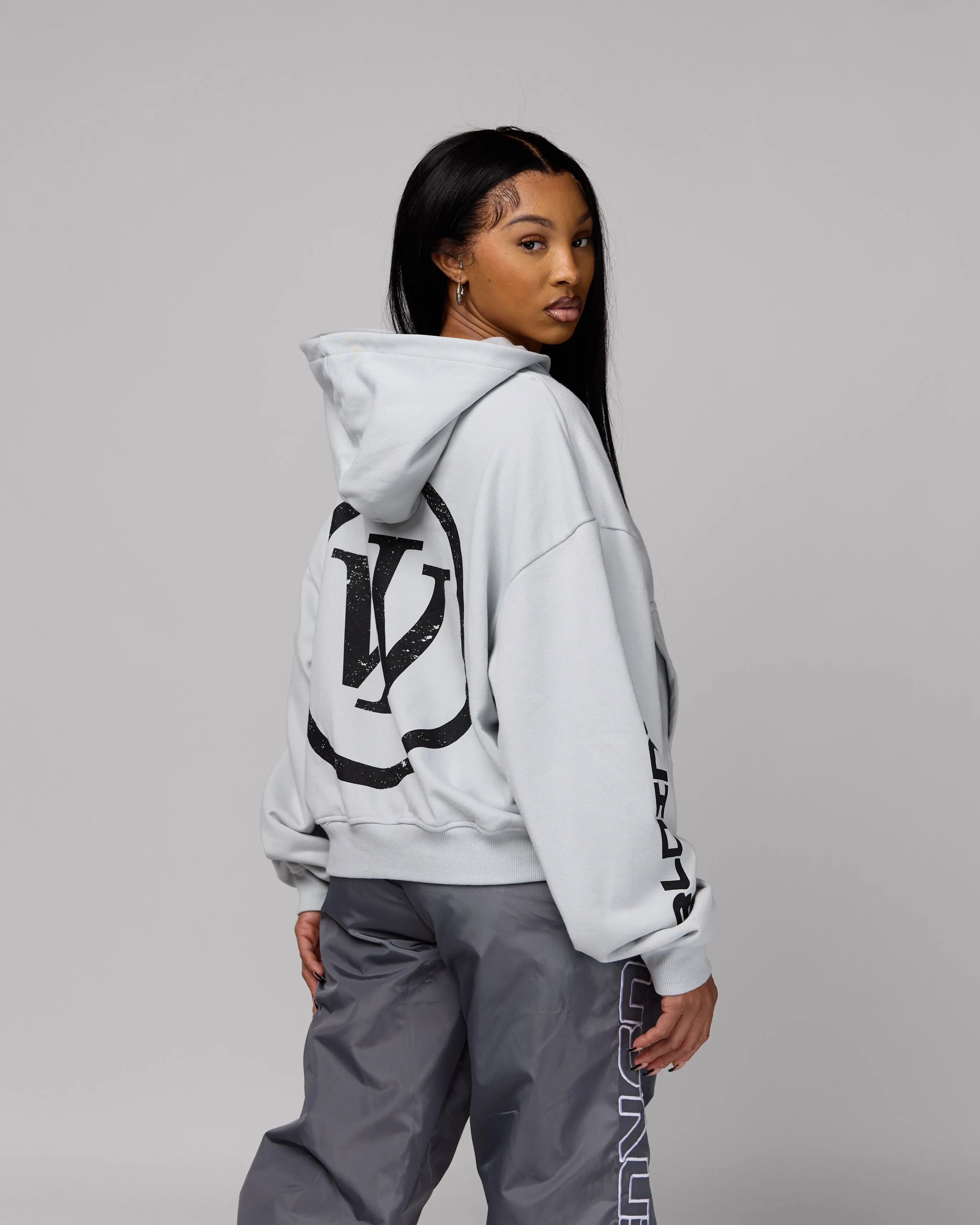 Retro Cropped Zip-Up Hoodie (Cement/Black) [Boxy   Oversized]