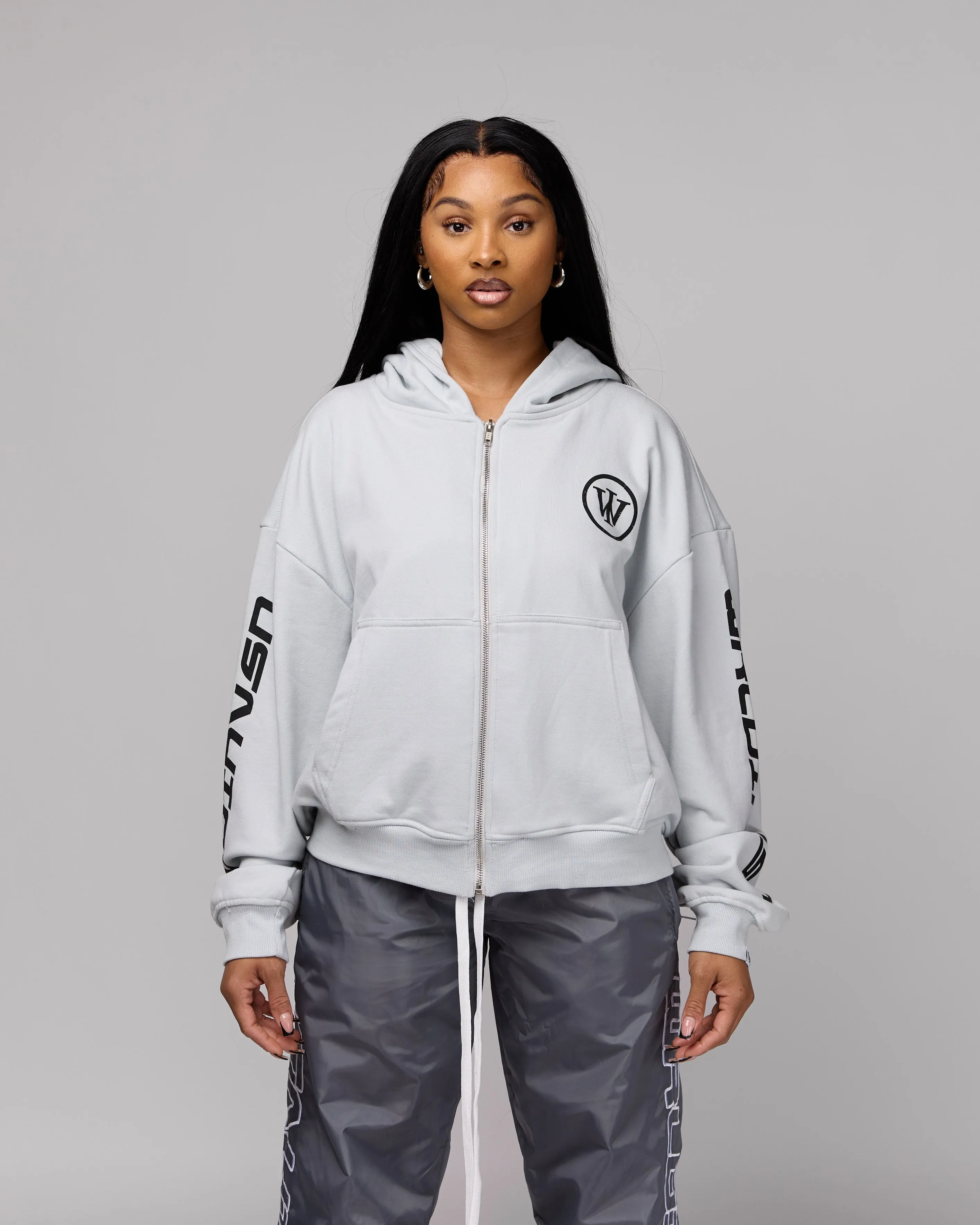 Retro Cropped Zip-Up Hoodie (Cement/Black) [Boxy   Oversized]