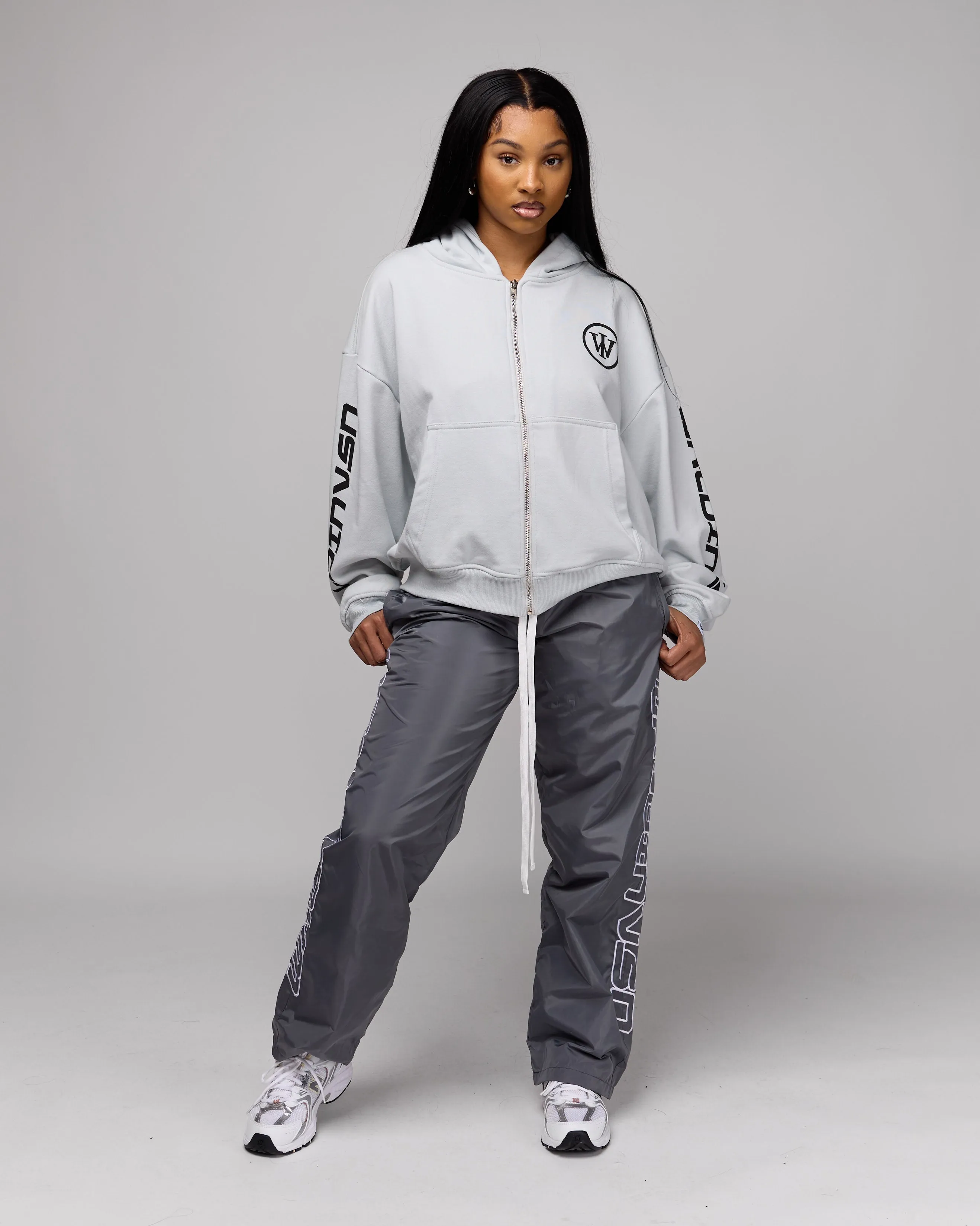 Retro Cropped Zip-Up Hoodie (Cement/Black) [Boxy   Oversized]