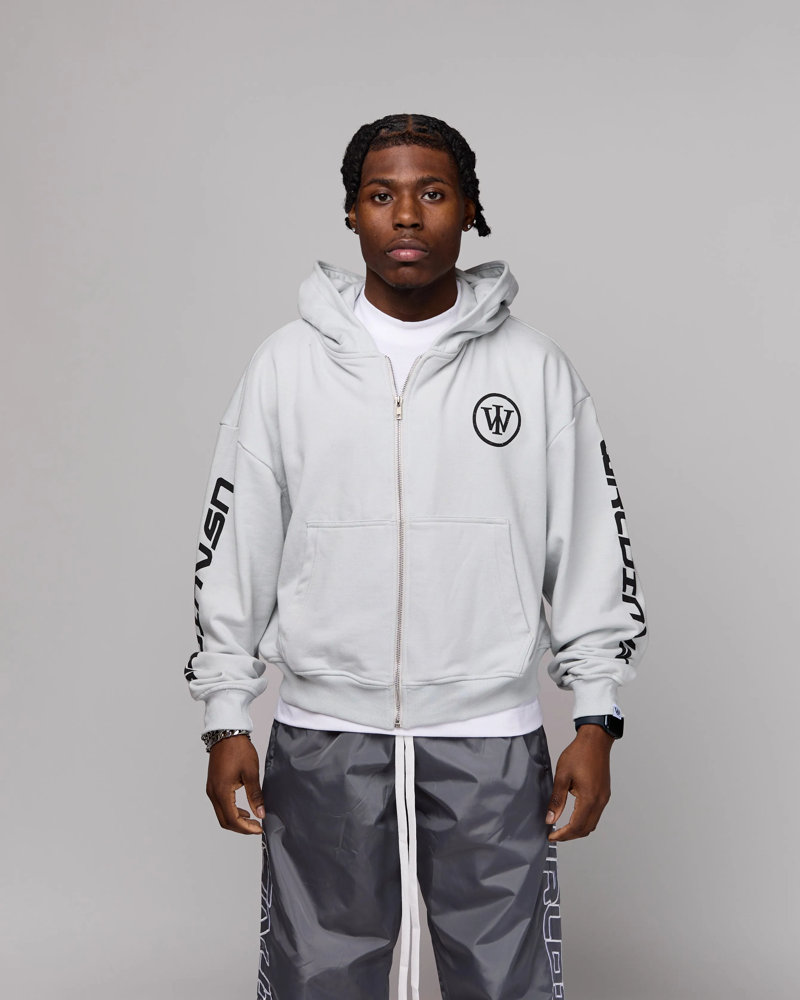 Retro Cropped Zip-Up Hoodie (Cement/Black) [Boxy   Oversized]