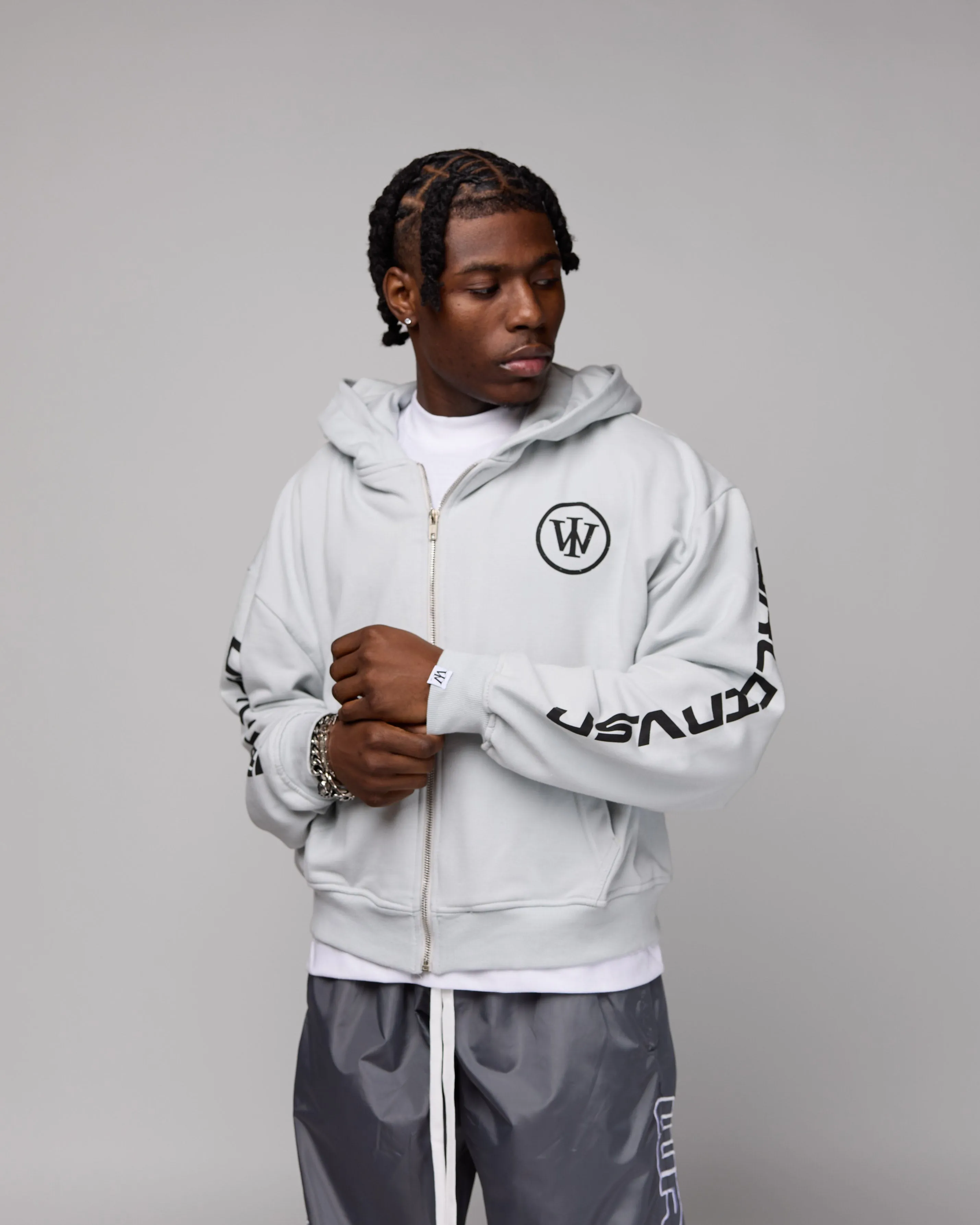 Retro Cropped Zip-Up Hoodie (Cement/Black) [Boxy   Oversized]