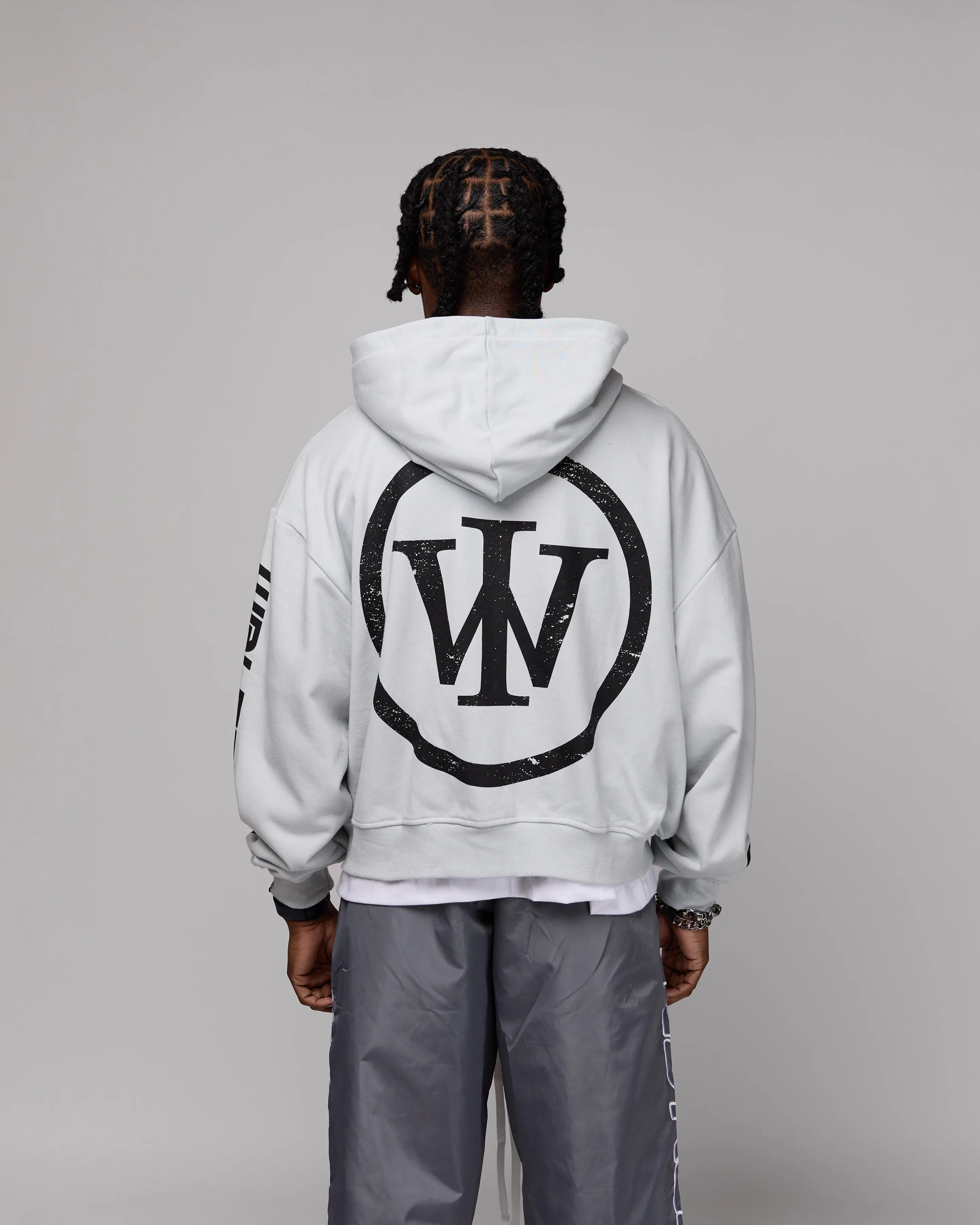 Retro Cropped Zip-Up Hoodie (Cement/Black) [Boxy   Oversized]