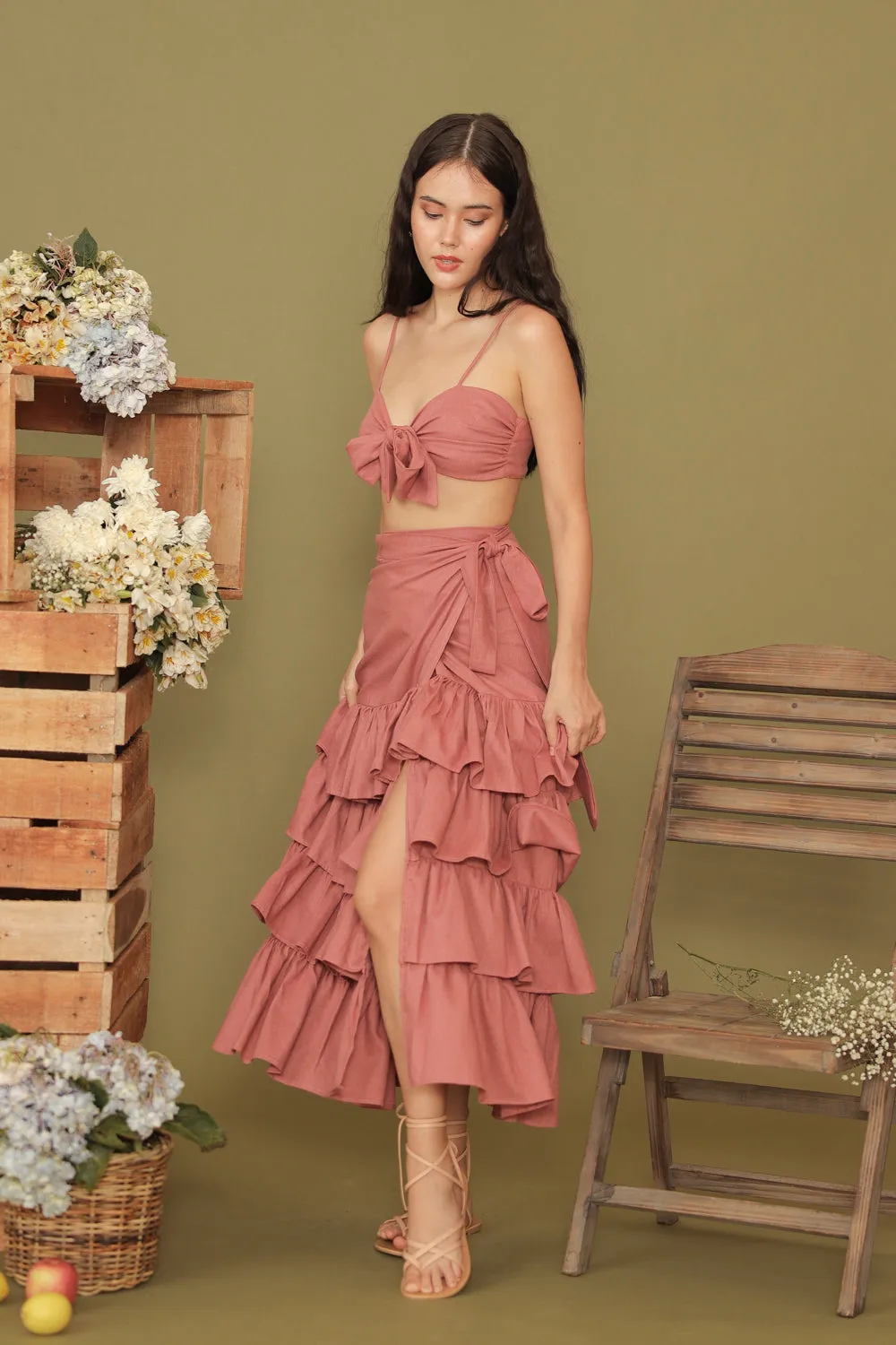 ROSALIE SET Wrap Tie Top with Wrap Around Ruffled Skirt (Dark Old Rose Linen)