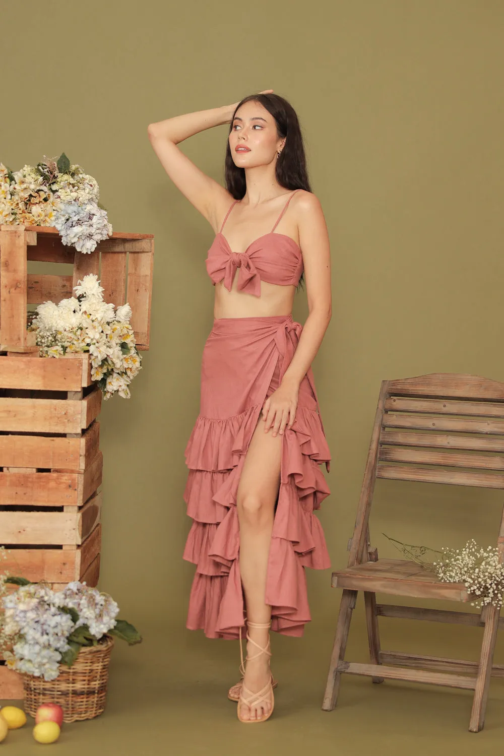 ROSALIE SET Wrap Tie Top with Wrap Around Ruffled Skirt (Dark Old Rose Linen)