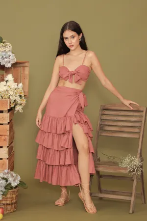 ROSALIE SET Wrap Tie Top with Wrap Around Ruffled Skirt (Dark Old Rose Linen)