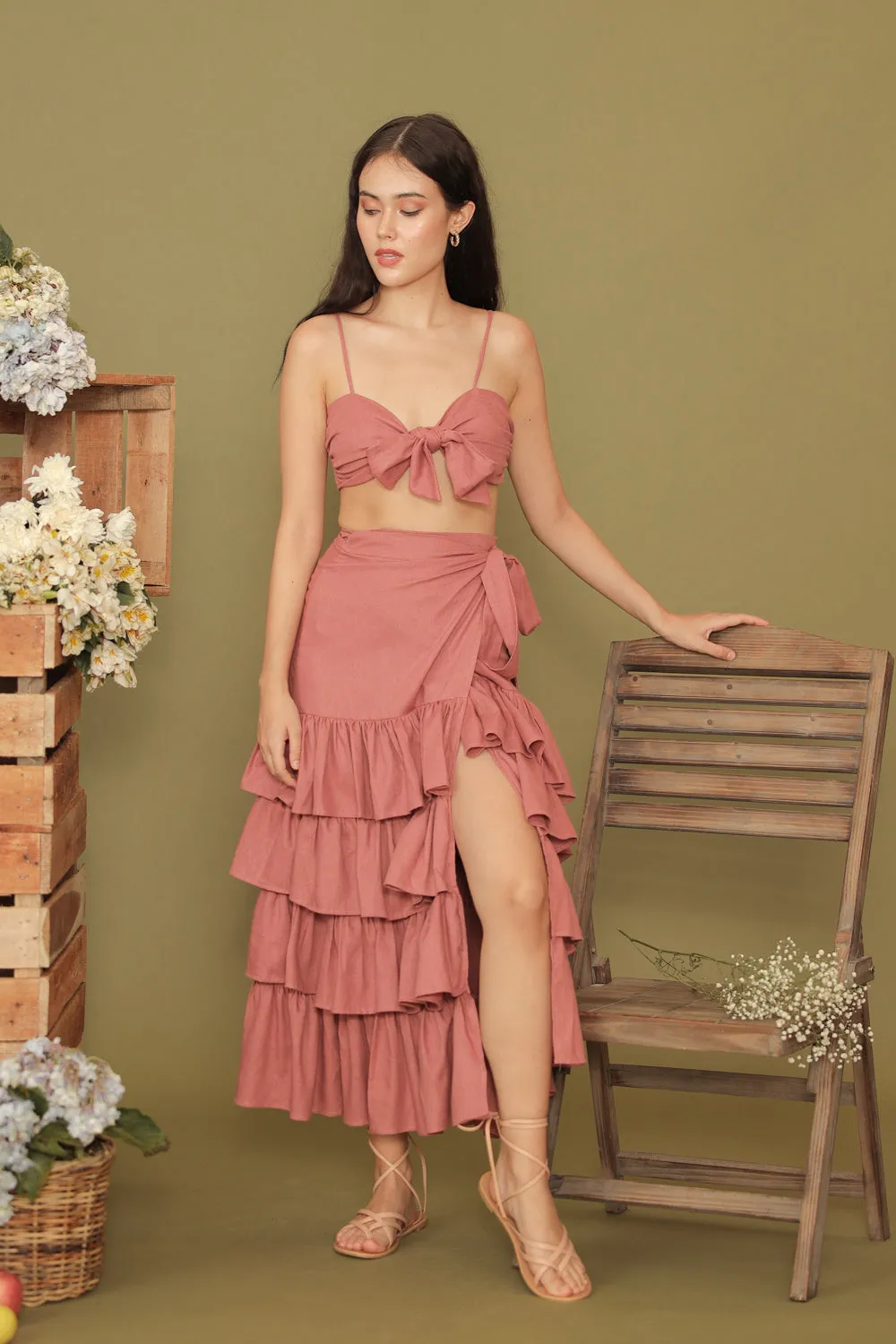 ROSALIE SET Wrap Tie Top with Wrap Around Ruffled Skirt (Dark Old Rose Linen)