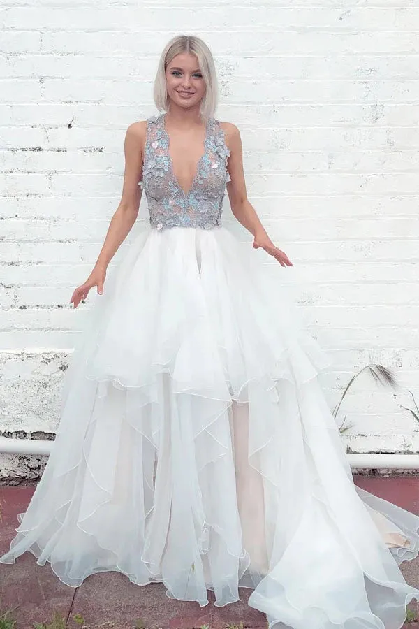 Roycebridal Layered Plunging Neck V-Back Long Wedding Dress with Colored Appliques,MW364