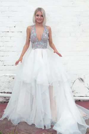 Roycebridal Layered Plunging Neck V-Back Long Wedding Dress with Colored Appliques,MW364