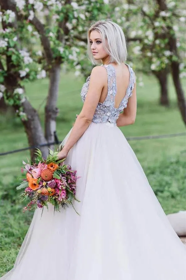 Roycebridal Layered Plunging Neck V-Back Long Wedding Dress with Colored Appliques,MW364