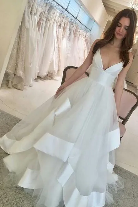 Satin Ribbon Tulle Wedding Gown with V-neckline