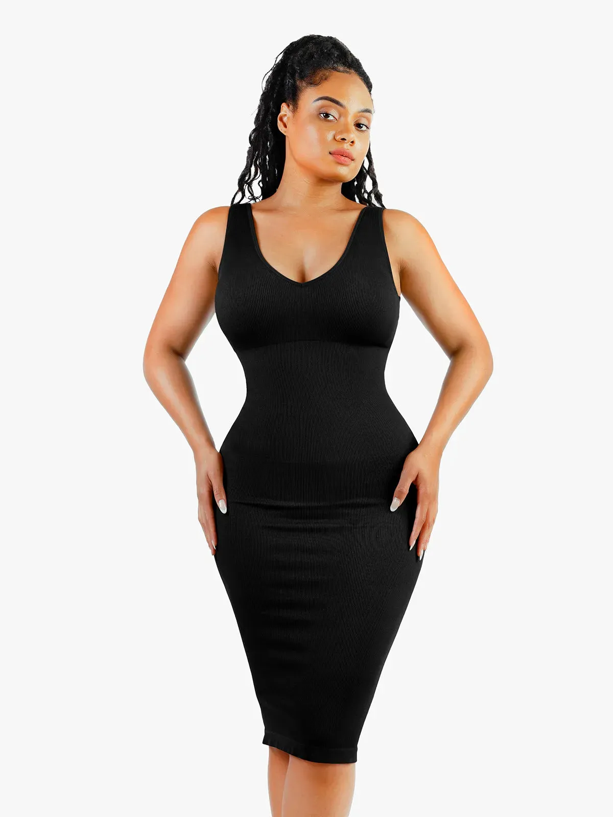 Shapewear Deep V-Neck Tummy Control  Midi Dress