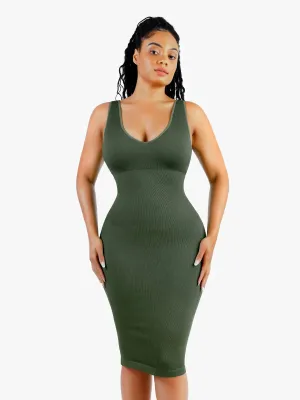 Shapewear Deep V-Neck Tummy Control  Midi Dress
