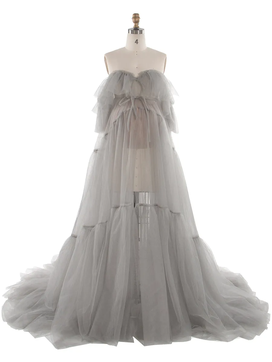 Sheer Tulle Maternity Dress with Ruffles for Photo Shoots Layered Tulle Maternity Robe Photography Dresses YW250004